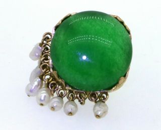 Vintage 14k yellow gold large 16mm green jadeite jade and pearl dangle earrings 5