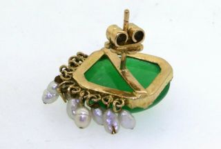 Vintage 14k yellow gold large 16mm green jadeite jade and pearl dangle earrings 6