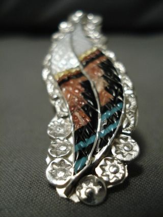 Important Vintage Zuni Turquoise Coral Inlay Sterling Silver Feather Ring