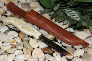 Rare Vintage Early Carbon Kellam Custom Finland Marttini Stag Knife 9.  25 " Sheath