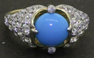 Vintage 14k Yg 1.  78ct Vs Old Miner Diamond & 7.  9mm Turquoise Cocktail Ring Sz 6