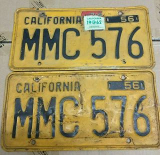Vintage 1956 Double California License Plates [2] - Yellow & Black - Priced Lower