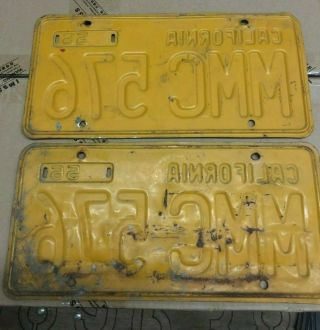 VINTAGE 1956 DOUBLE CALIFORNIA LICENSE PLATES [2] - YELLOW & BLACK - PRICED LOWER 2