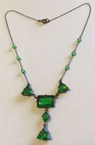 Vintage Art Deco Czech Green Bead & Rhinestone Pendant Necklace M9