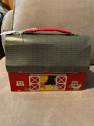 Vintage 50’s Thermos Co Barn Open Doors Metal Arch Top Lunchbox W/ Thermos Rare