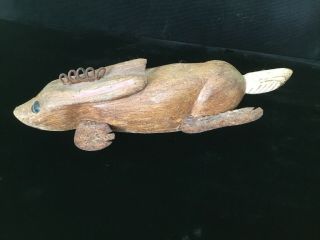 Antique Ice Fishing Decoy Lure Carved Wooden Rabbit Weighted Folk Painted 6.  5” 2