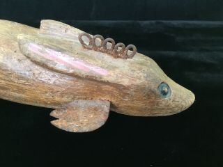 Antique Ice Fishing Decoy Lure Carved Wooden Rabbit Weighted Folk Painted 6.  5” 5
