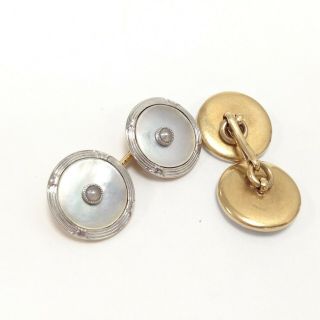Antique Art Deco Platinum & 14k Gold Mother of Pearl Cufflinks with Seed Pearls 2