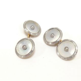 Antique Art Deco Platinum & 14k Gold Mother of Pearl Cufflinks with Seed Pearls 3