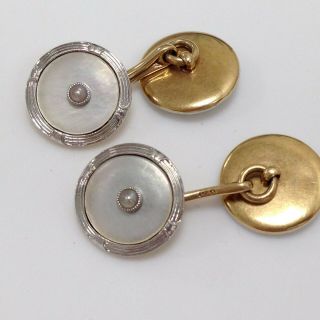 Antique Art Deco Platinum & 14k Gold Mother of Pearl Cufflinks with Seed Pearls 7