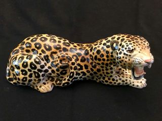 Vintage Italian Hand Painted Porcelain Jaguar Leopard Spotted Cat 18” Numbered