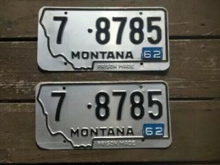 1959 1962 Montana License Plate Pair Yom 7 - 8785 Prison Made Vintage Number Tag