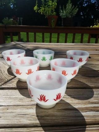 Set Of 6 Vintage 60s Fire King Milk Glass Sealtest Cottage Cheese Tulip Bowls
