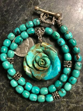Vintage Sterling Silver Turquoise Necklace W/ Carved Turquoise Rose Pendant 925