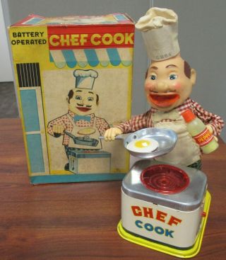 Vintage Yonezawa Battery Operated Mechanical Chef Cook Toy W/orig Box Japan