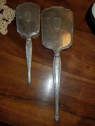 Antique Hand Hammered Sterling Silver Vanity Hand Mirror And Hair Brush Set