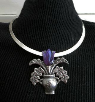 Vintage Mexico Sterling & Amethyst Necklace - 2 5/8 Inches Pendant,  61 Grams