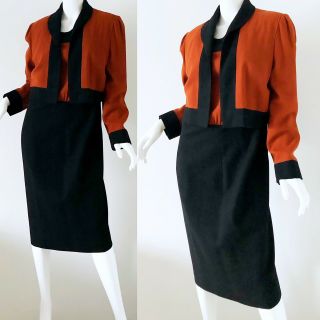 70s Vintage Adele Simpson Mod Geometric Color Block Wool Dress Set Medium 2