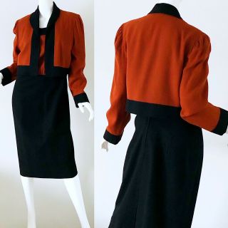 70s Vintage Adele Simpson Mod Geometric Color Block Wool Dress Set Medium 4