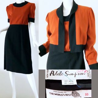 70s Vintage Adele Simpson Mod Geometric Color Block Wool Dress Set Medium 5