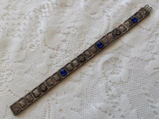 Vintage Art Deco Blue Clear Rhinestone Sterling Silver Filigree Bracelet