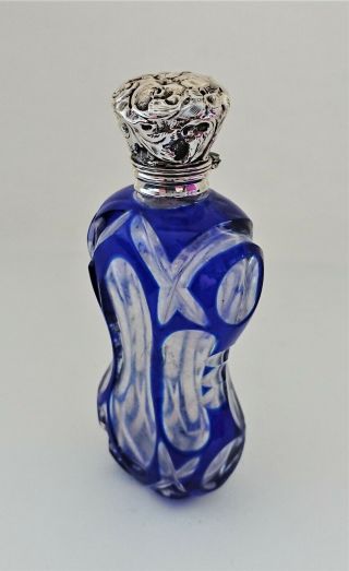 White Metal Topped Perfume Bottle,  Bristol Blue Cased,  Height Approx 98mm