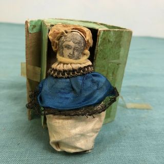Antique Folk Art Jack In The Box Toy Doll Stamped Face Silk Dress