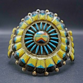 Vintage Zuni Sterling Silver Turquoise Coral Jet Mop Sunface Inlay Cuff Bracelet