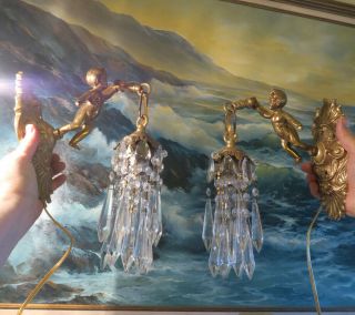 PR Vintage gilt bronze Italy cherub figurine sconces lamp lantern crystal brass 10