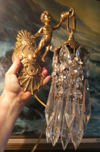 PR Vintage gilt bronze Italy cherub figurine sconces lamp lantern crystal brass 11