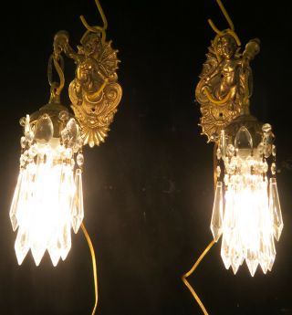 PR Vintage gilt bronze Italy cherub figurine sconces lamp lantern crystal brass 12