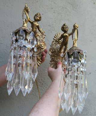 PR Vintage gilt bronze Italy cherub figurine sconces lamp lantern crystal brass 2