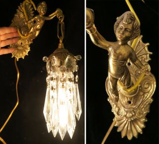 PR Vintage gilt bronze Italy cherub figurine sconces lamp lantern crystal brass 3