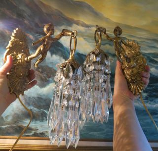 PR Vintage gilt bronze Italy cherub figurine sconces lamp lantern crystal brass 5