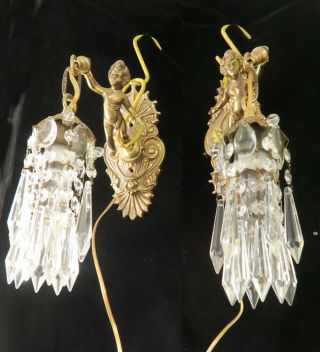 PR Vintage gilt bronze Italy cherub figurine sconces lamp lantern crystal brass 8