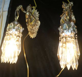 PR Vintage gilt bronze Italy cherub figurine sconces lamp lantern crystal brass 9