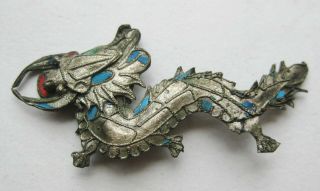 Fine Old Chinese Sterling Silver Kingfisher Feather Imperial Dragon Brooch Pin