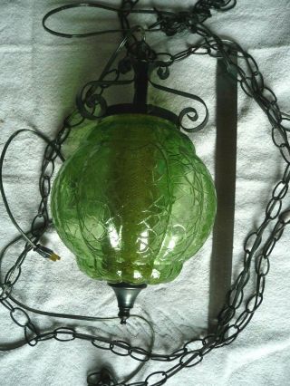 Rare Vintage Glass Globe Hanging Chain Lamp Mid Century Modern Lighting Green