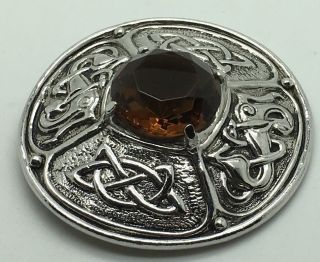 Large Citrine Brooch Silver T Pendant Pin Kilt Celtic Knot Scottish Shawl