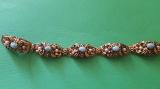 Vintage Old Art Deco Handmade Austrian Brass Filigree Bracelet With Turquoise