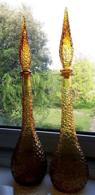 Vintage Retro Amber Bubble Italian Art Glass Decanter Genie Bottle X2