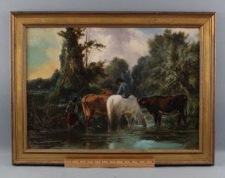 19thc Antique Alexandre Dubuisson French Country Cow & Horse Figures Painting