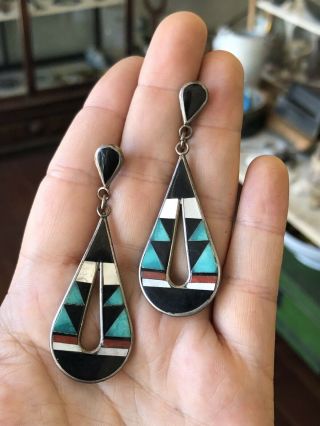 Vintage Signed Zuni Long Dangle Drop Turquoise Onyx Shell & Coral Inlay Earrings