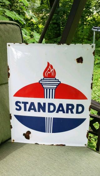 Standard Oil Porcelain Sign Vintage Flame Gas Pump Plate Gasoline Service