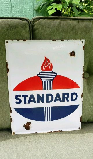 STANDARD OIL porcelain sign vintage flame gas pump plate gasoline service 8