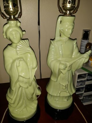 Pair Jade Green Porcelain Asian Figure Table Vintage Lamps