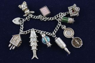 Vintage.  925 Sterling Silver Charm Bracelet W/ Emergency Money Charm (53g)