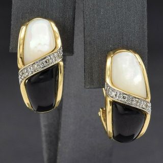 Vintage 14k Gold Black Onyx,  Mother Of Pearl & Diamond Omega Back Earrings 6.  7 G