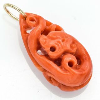Vintage 14k Yellow Gold Carved Red Coral Dragon Pendant 2.  6 Grams