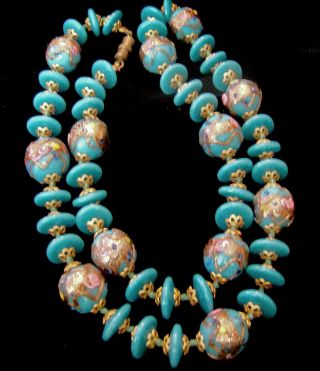 Antique/vintage Venetian Murano Lampwork Glass Bead Wedding Cake Necklace Roses